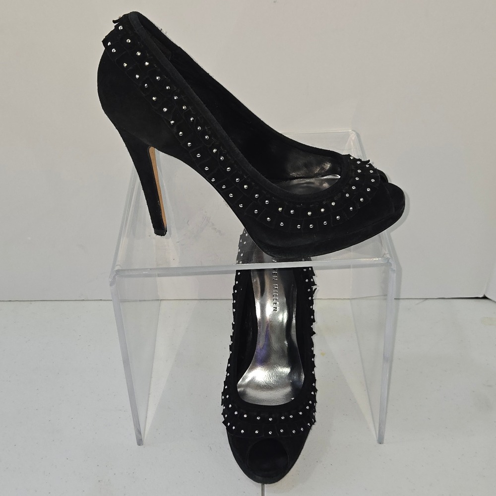 Karen Millen‎ Black Suede Studded Ruffle Peep Toe Platform Heels Pumps Size 39